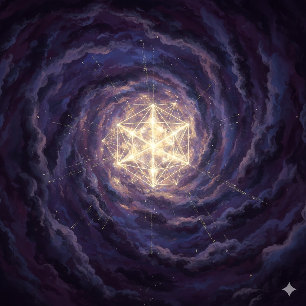 A geometric light structure suspended inside a dark cosmic vortex.