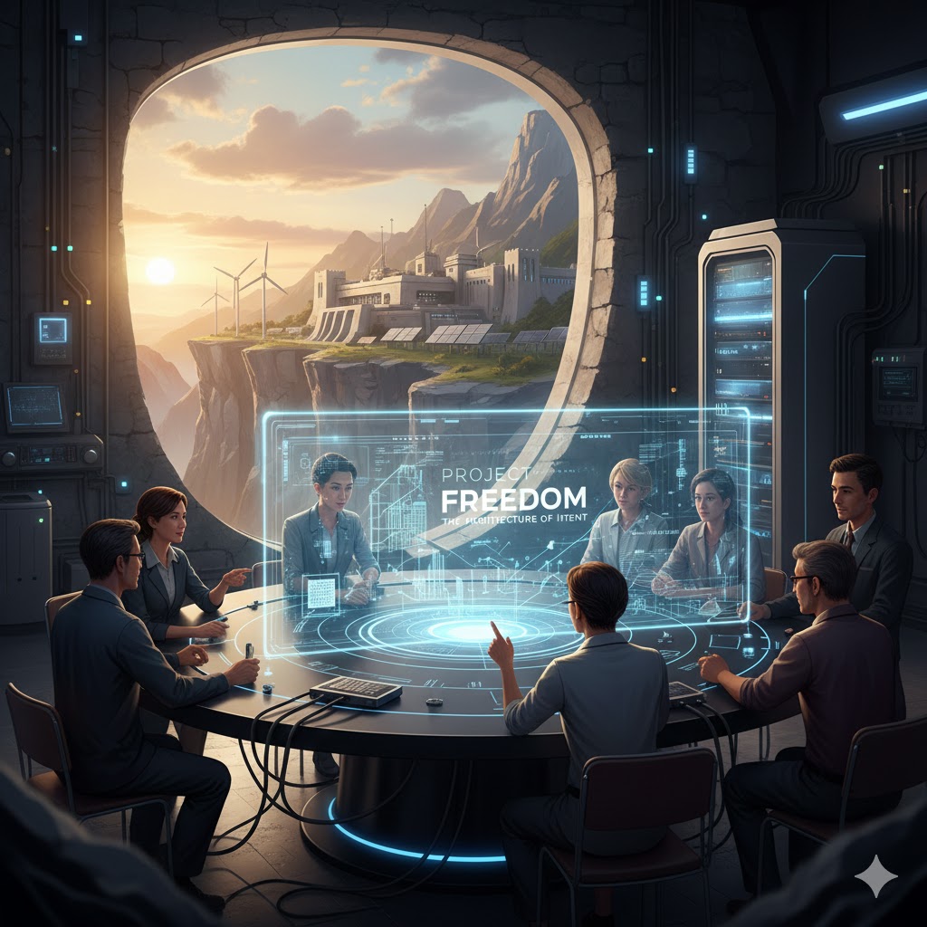 Engineers gathered around a Project FREEDOM holographic control table.