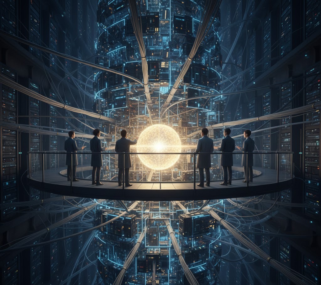 A vast data-center chamber converging on a glowing central sphere.