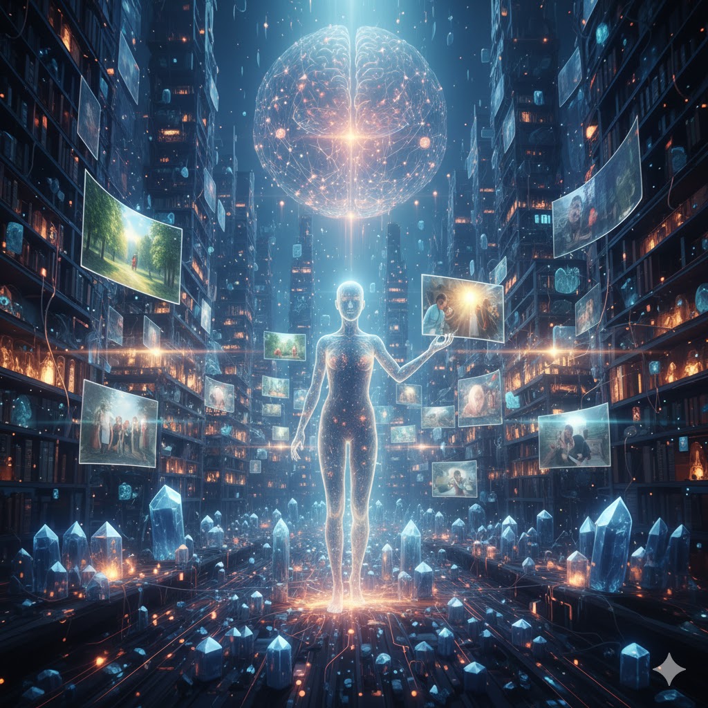 A luminous synthetic figure beneath a radiant networked brain.