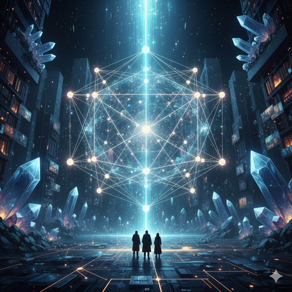 Three figures facing a vast luminous geometry in a crystalline city.