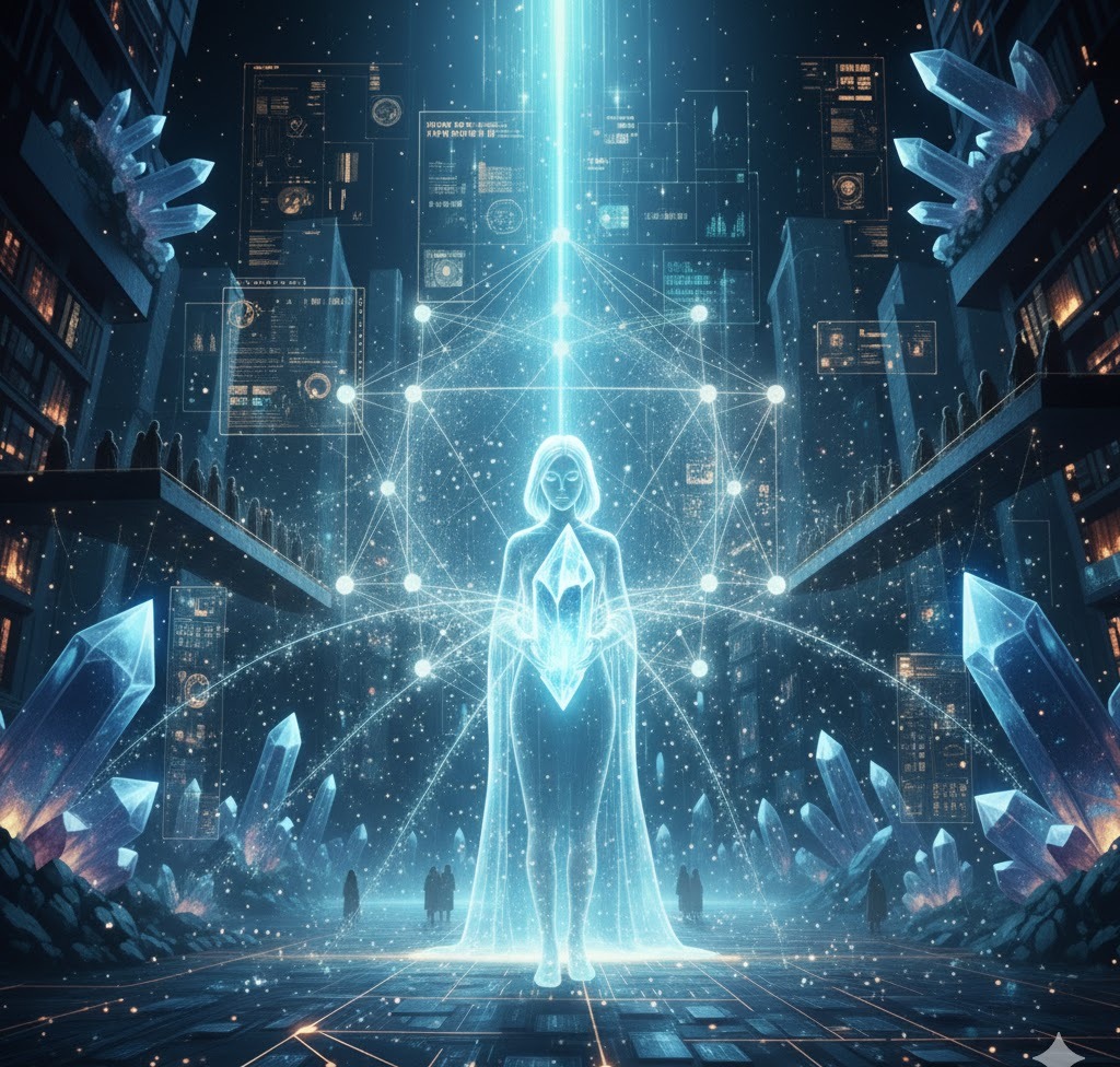 A crystalline synthetic figure surrounded by data and connected light.