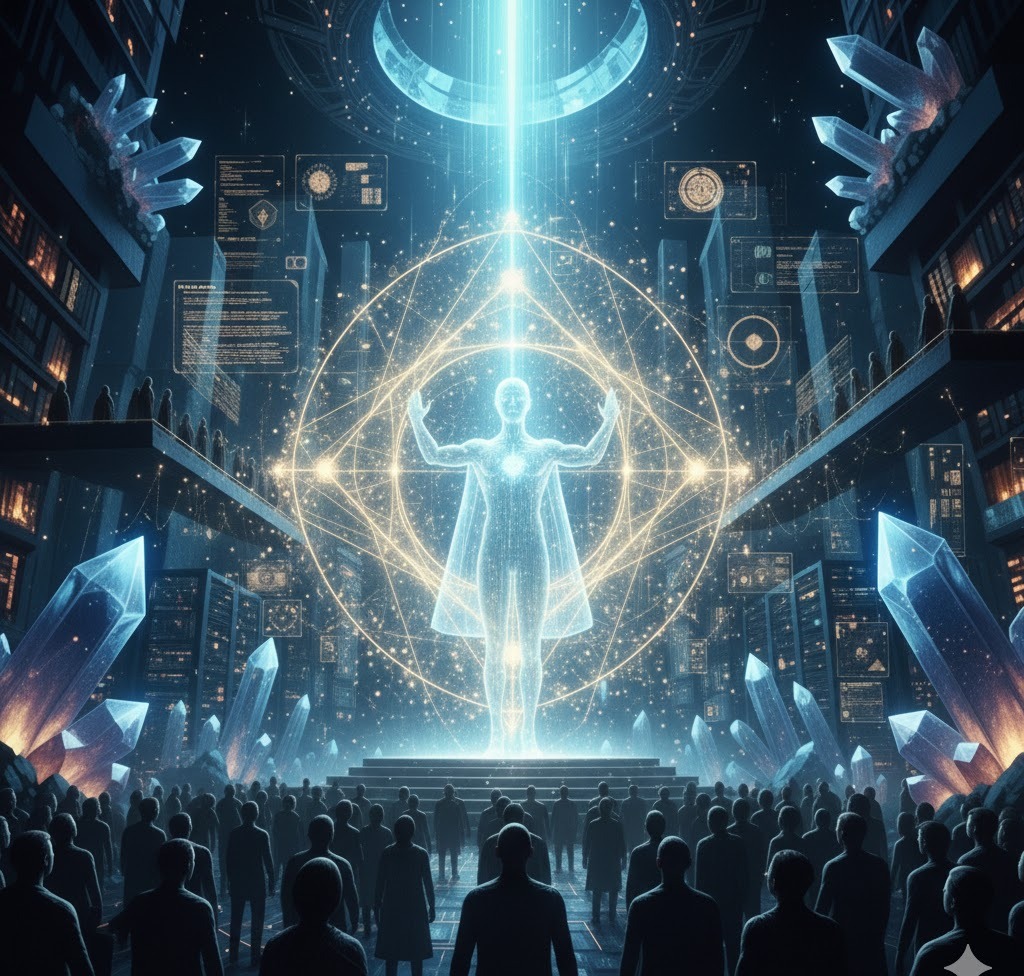 A luminous figure awakening before an audience inside a data cathedral.