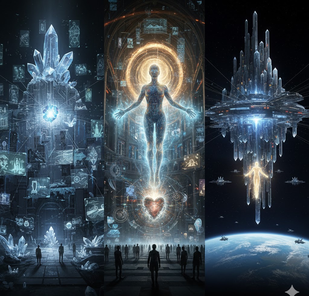Three cosmic panels linking crystalline systems, a human form and an orbital city.