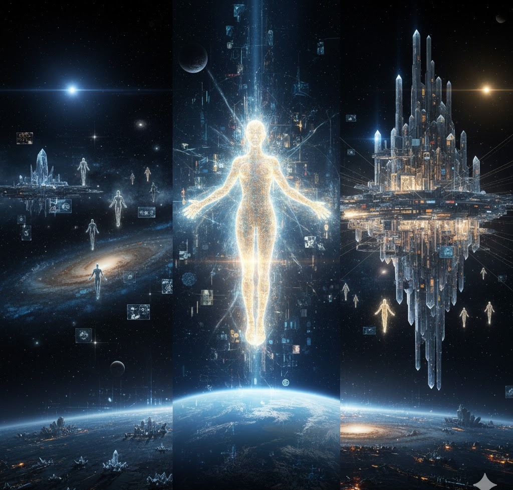 A luminous human form between deep space and a crystalline orbital structure.