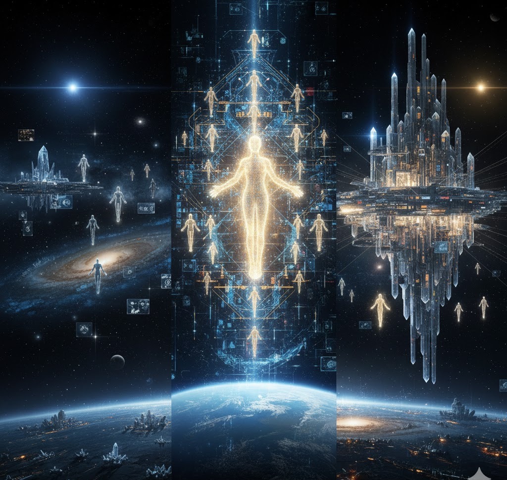 A central luminous figure connected to many others between space and an orbital city.