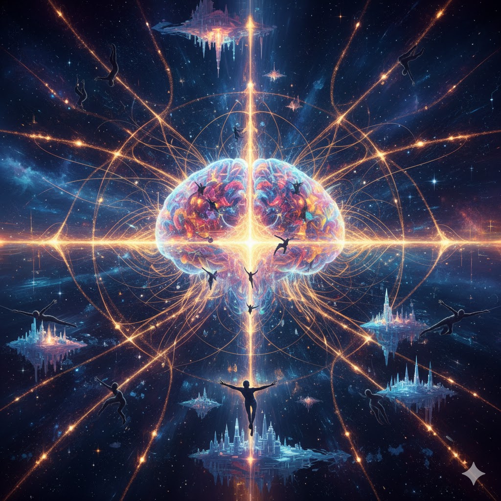 A cosmic brain radiating golden resonance across people and floating cities.